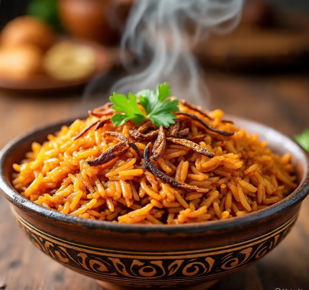 Steaming jollof rice bowl