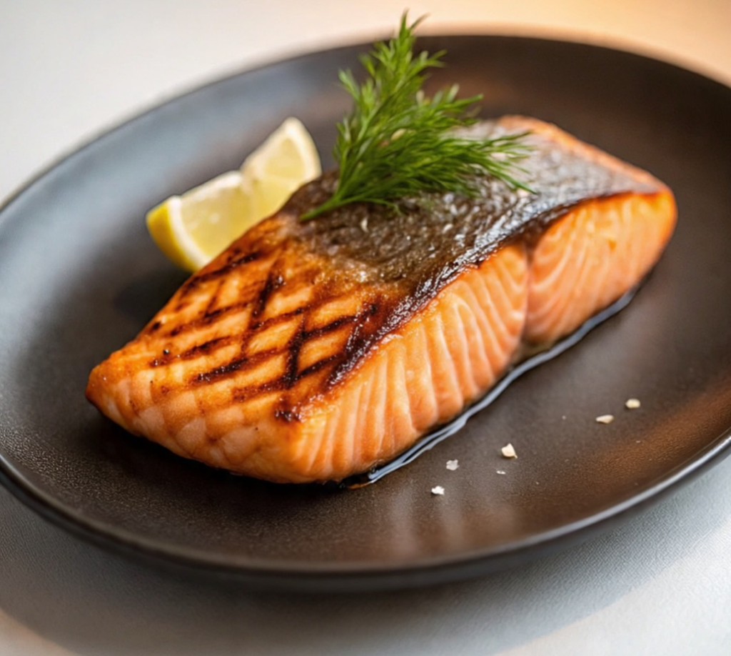 Grilled salmon fillet in black plate