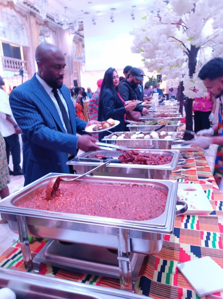 Premium event buffet line with guests
