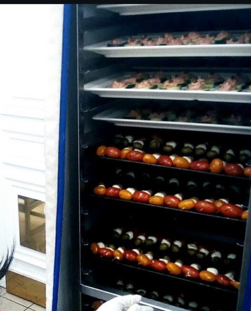 Event preparation trays with colorful appetizers