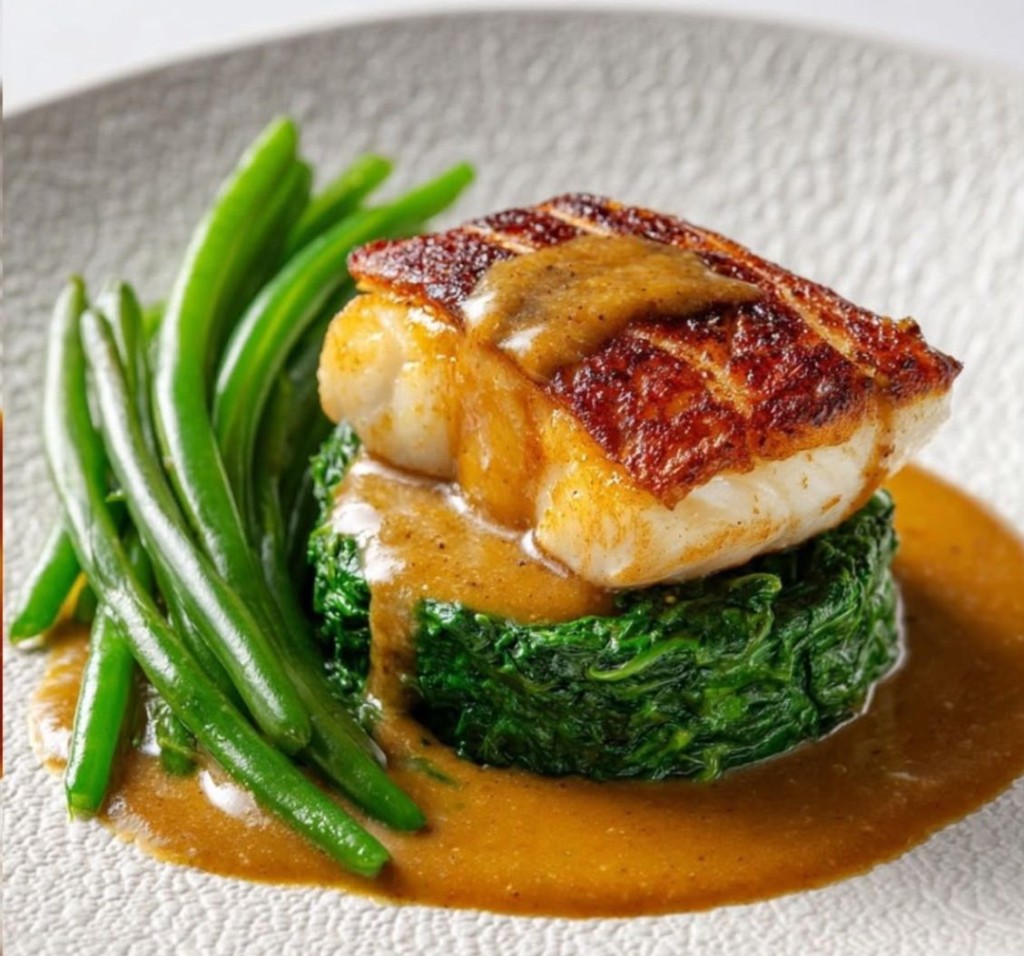 Pan-seared fish with green vegetables and sauce